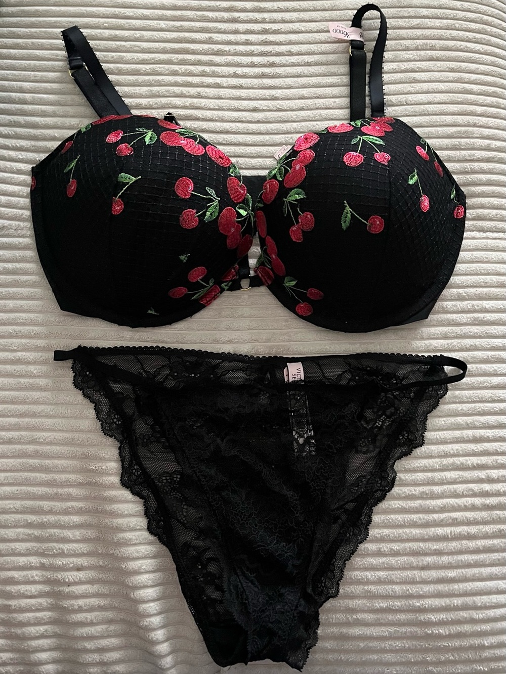 Victoria’s Secret Black Cherry Embroidered Push-Up Bra & Lace Bikini Set